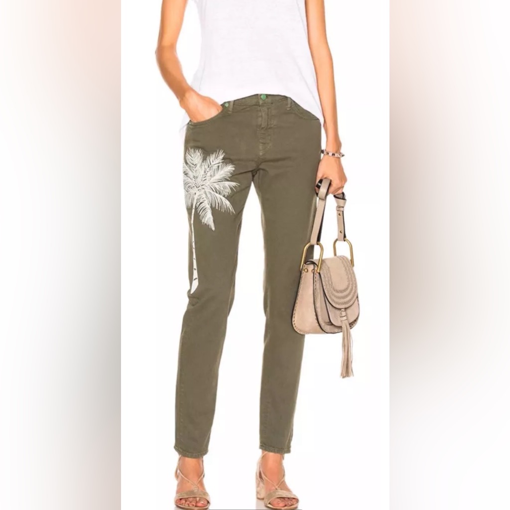 Sandrine Rose Palm Tree Crop Skinny Boyfriend Jeans In Army Green Nwt Size 25